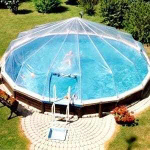 A crystal clear sun dome cover for the pool