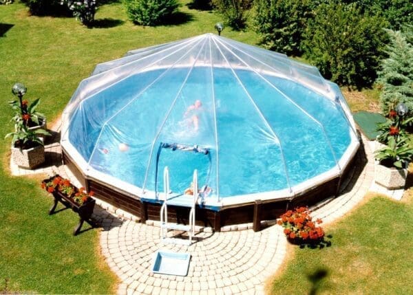 A crystal clear sun dome cover for the pool