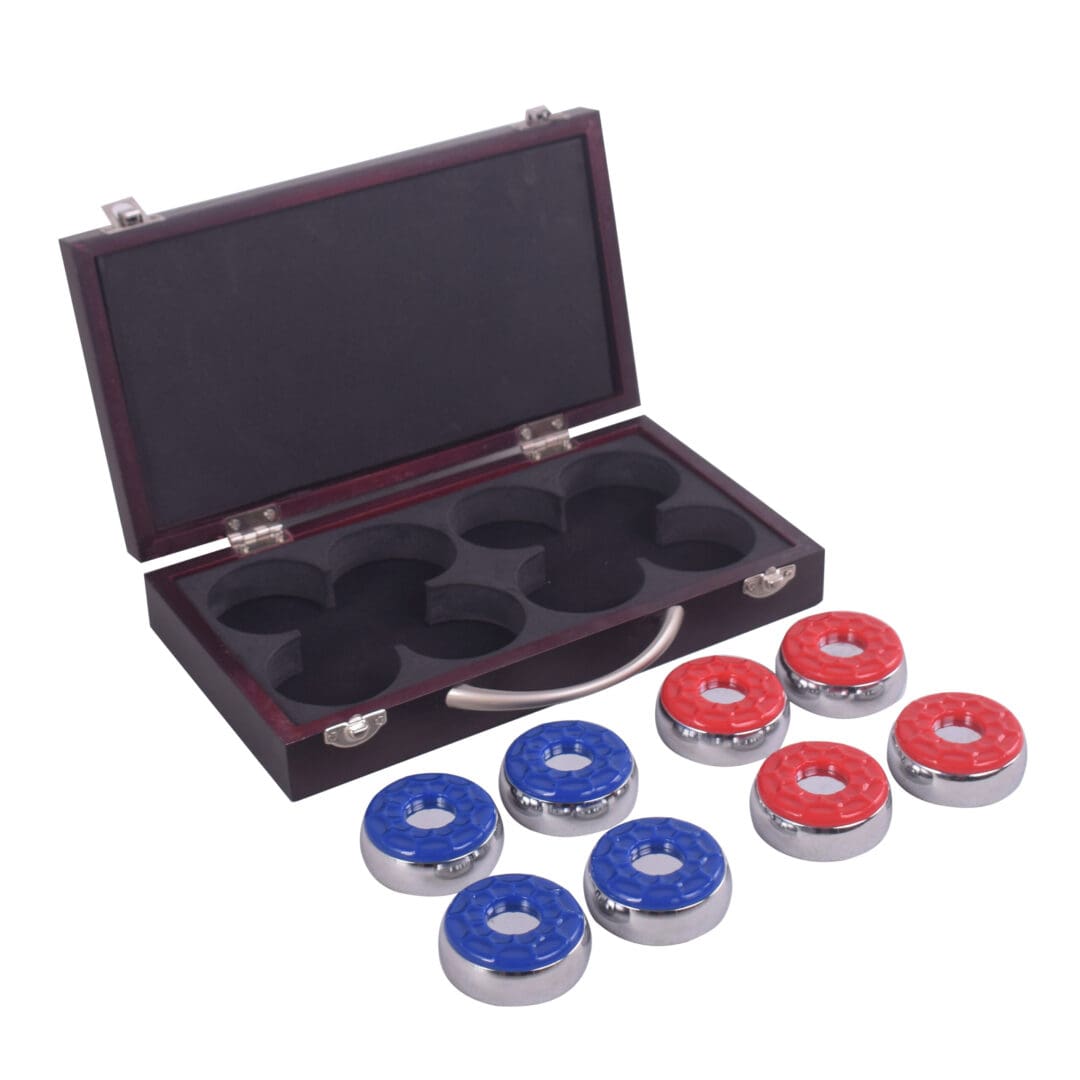 Shuffleboard game puck set with wooden storage case