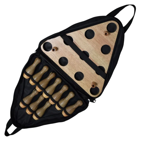 A bag with a Shuffleboard Bowling Pin Set.