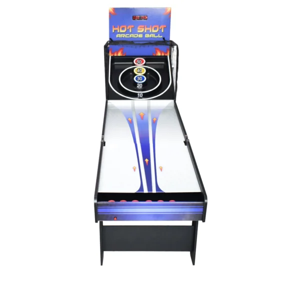 A Hot Shot 8-ft Roll Hop and Score Arcade Game Table with LED Scoring with a blue and white background.