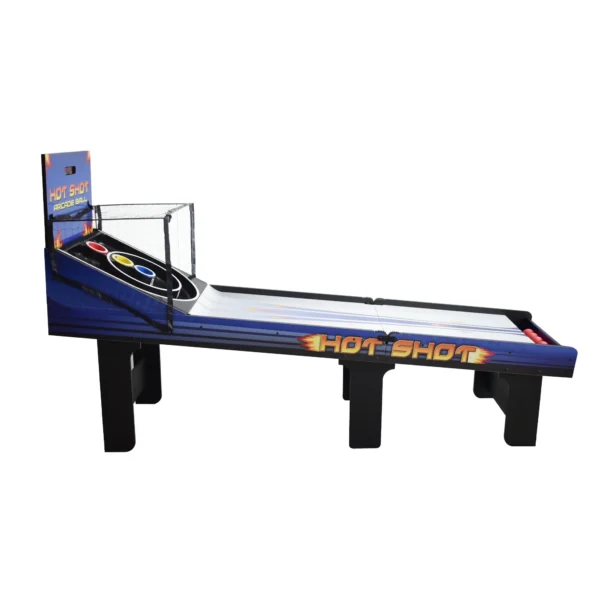 A Hot Shot 8-ft Roll Hop and Score Arcade Game Table with LED Scoring with a blue and black design.