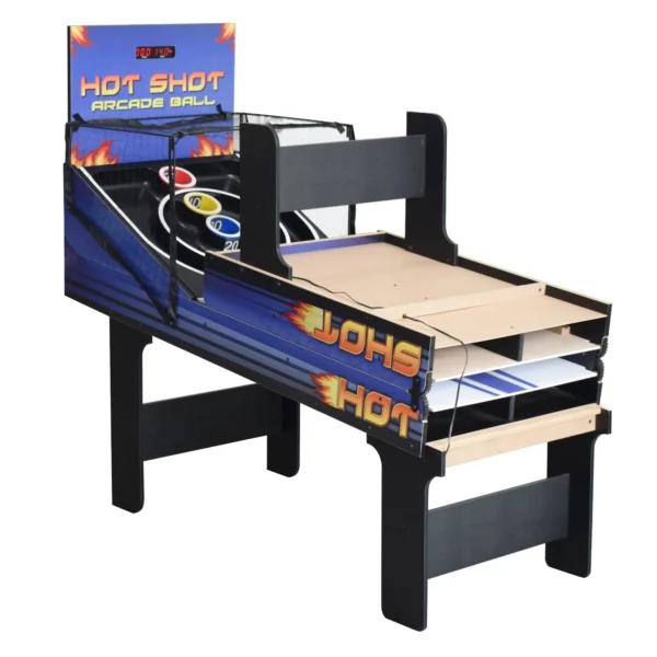 A game of Hot Shot 8-ft Roll Hop and Score Arcade Game Table with LED Scoring with a table and chairs.