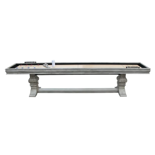 A Montecito 12-ft Shuffleboard Table - Driftwood Finish with a wooden base.