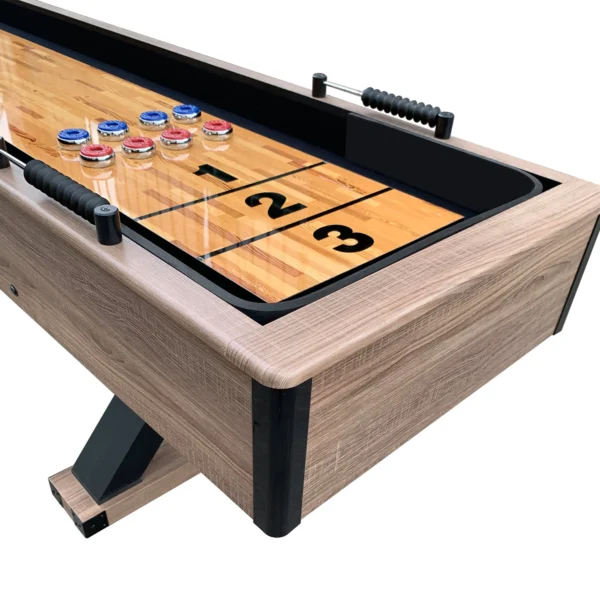 An Excalibur 9-ft Shuffleboard Table - Driftwood Finish with a wooden top.