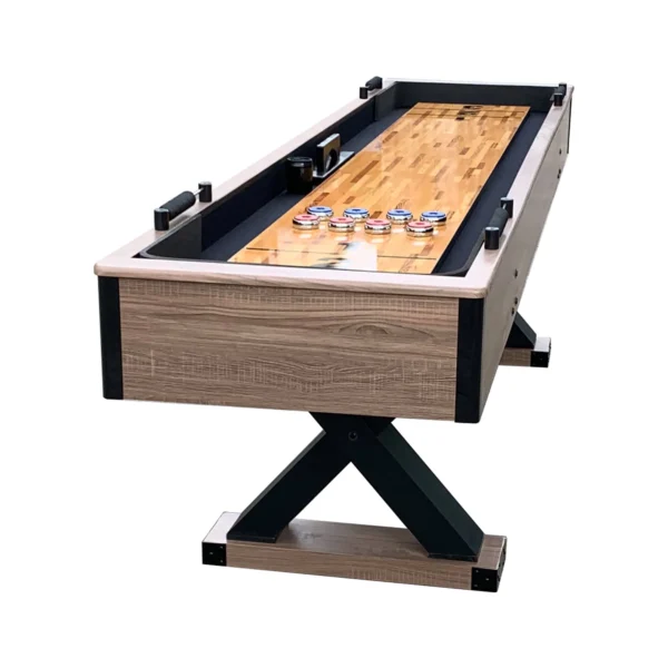 An Excalibur 9-ft Shuffleboard Table - Driftwood Finish with a wooden top.