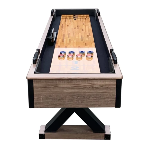 An Excalibur 9-ft Shuffleboard Table - Driftwood Finish with a wooden top.