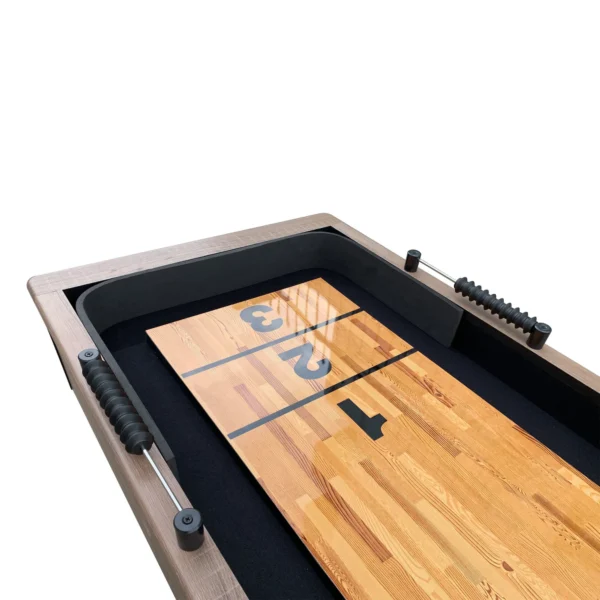 An Excalibur 9-ft Shuffleboard Table - Driftwood Finish with a wooden top.