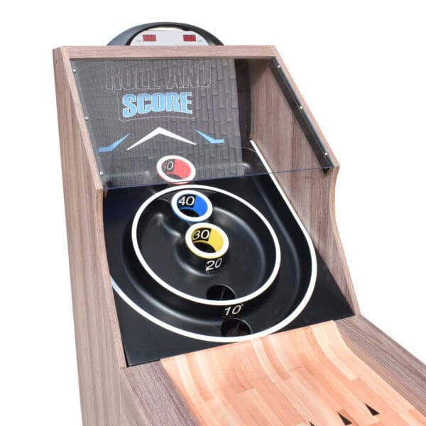 A Shooting Star 9-ft Roll Hop and Score Arcade Game Table with LED Scoring with a wooden base.