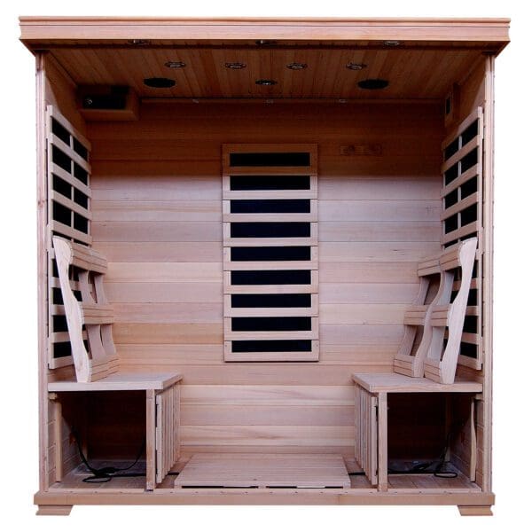 A Monticello 4-Person Hemlock Infrared Sauna w/ 9 Carbon Heaters with two seats.