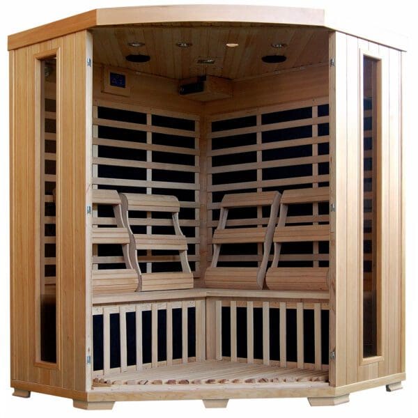 A Tucson 4-Person Hemlock Corner Infrared Sauna w/ 10 Carbon Heaters with four seats.