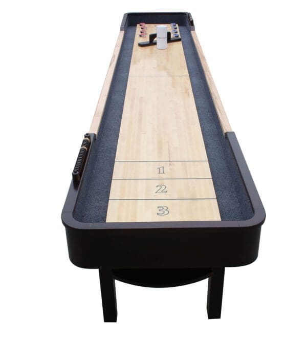 A Merlot 12-ft Shuffleboard Table - Espresso Finish with a black and white board.