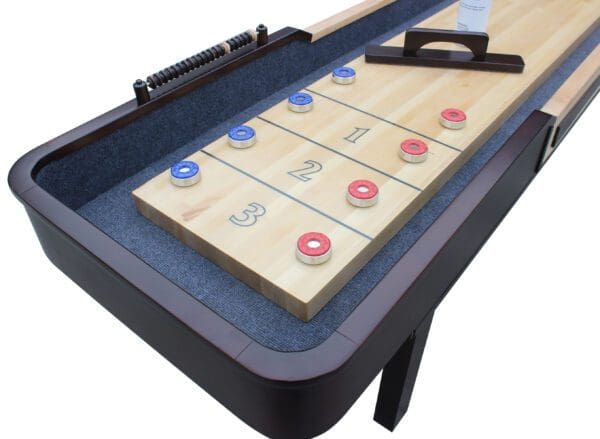 Merlot 12-ft Shuffleboard Table - Espresso Finish with shuffleboard board.