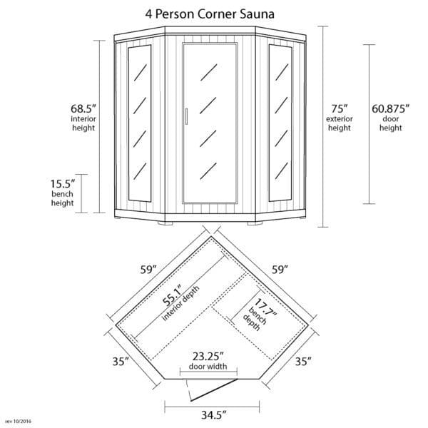 A diagram showcasing the dimensions of a Whistler 4-Person Cedar Corner Infrared Sauna w/ 10 Carbon Heaters in the corner.