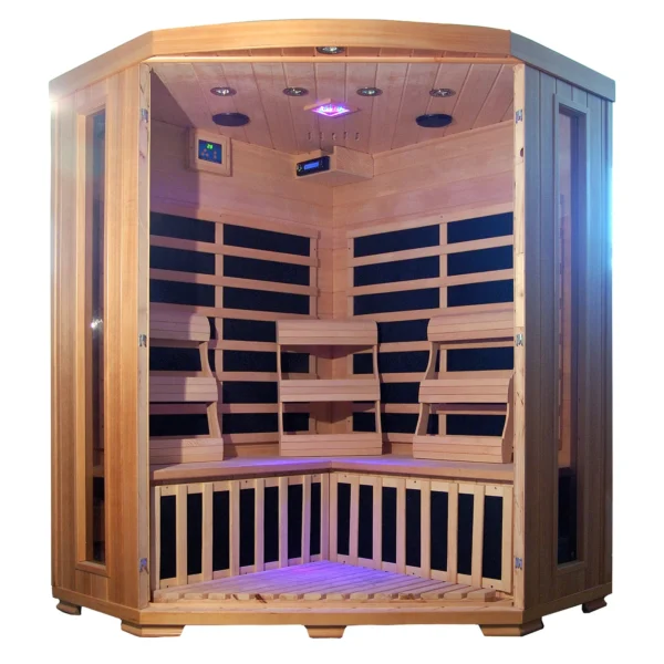 A Santa Fe 3-Person Hemlock Corner Infrared Sauna w/ 7 Carbon Heaters made of wood.