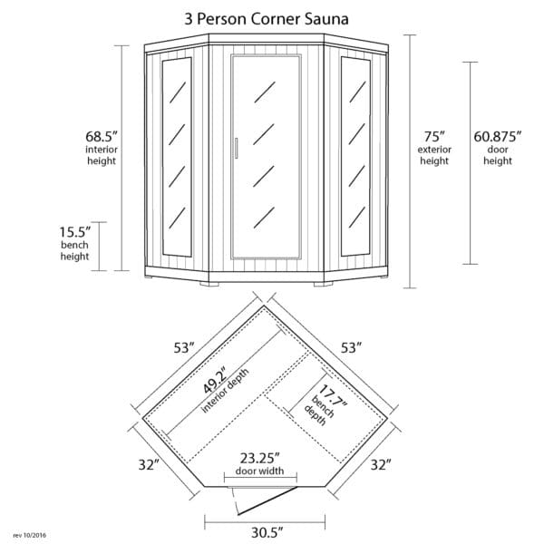 An infrared sauna diagram showcasing the dimensions of a Santa Fe 3-Person Hemlock Corner Infrared Sauna w/ 7 Carbon Heaters.