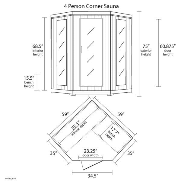 A diagram showing the dimensions of a Tucson 4-Person Hemlock Corner Infrared Sauna w/ 10 Carbon Heaters.