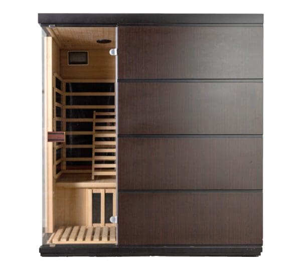 A Sirona 3-Person Hemlock Infrared Sauna with 8 Carbon Heaters with a wooden door.