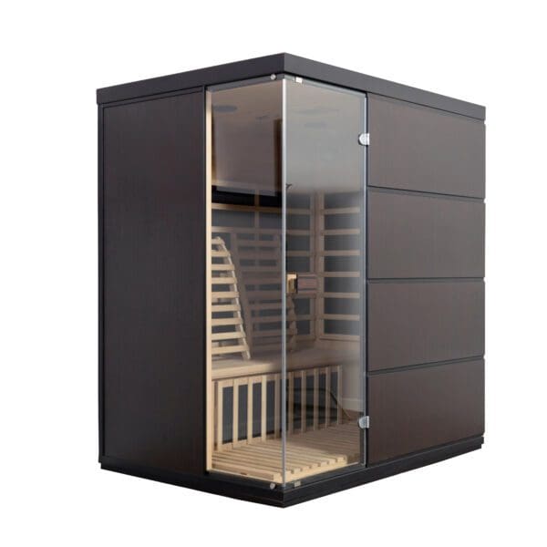 A Sirona 3-Person Hemlock Infrared Sauna with 8 Carbon Heaters with a glass door.