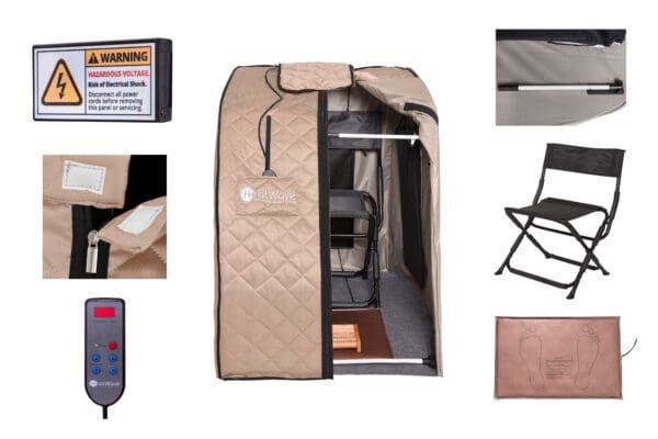 A Valerian Portable Sauna with a remote control and a chair.