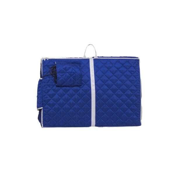 A blue quilted Liberty Portable Sauna with a white zipper.