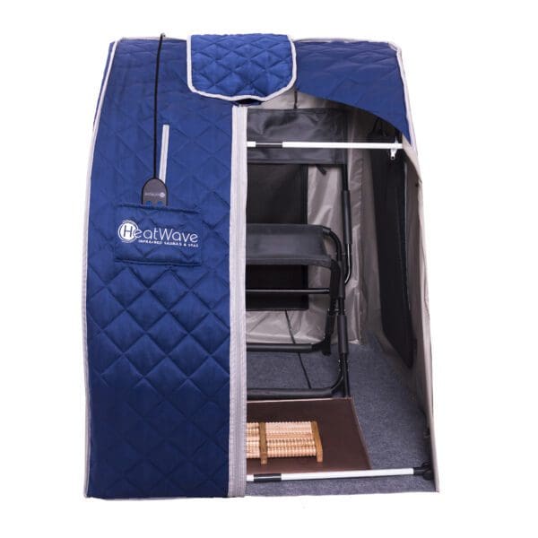 A blue and gray Liberty Portable Sauna tent with a chair inside.