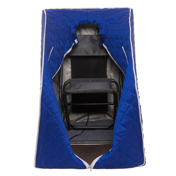 A blue and black Liberty Portable Sauna with a chair inside.