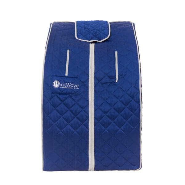 A blue and white quilted Liberty Portable Sauna with a zipper.