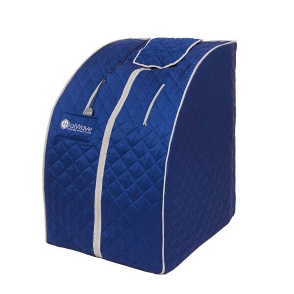 A blue and white quilted Liberty Portable Sauna bag.