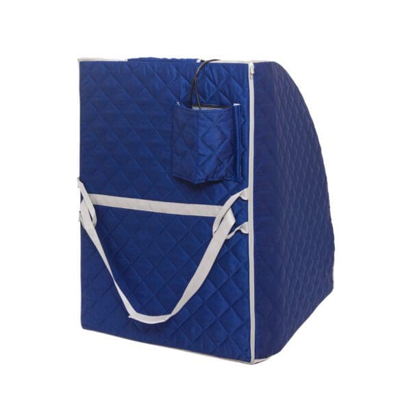 A blue Liberty Portable Sauna quilted bag with a zippered pocket.