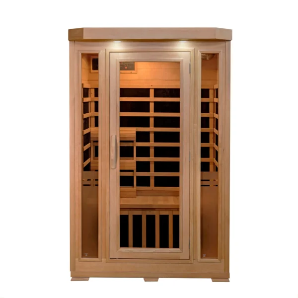 A Sonoma 2-Person Hemlock Infrared Sauna with 6 Carbon Heaters with a wooden door.