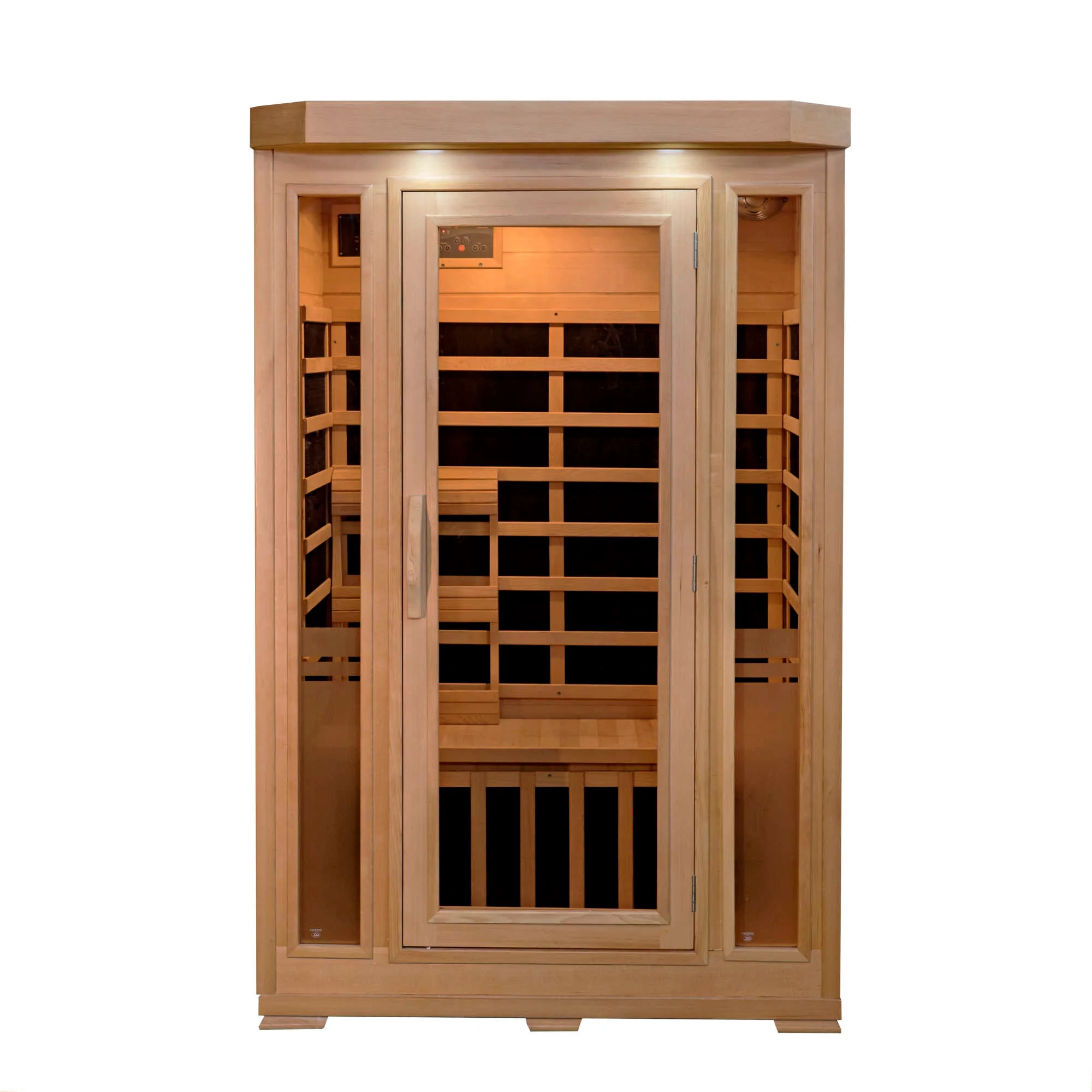 A Sonoma 2-Person Hemlock Infrared Sauna with 6 Carbon Heaters with a wooden door.