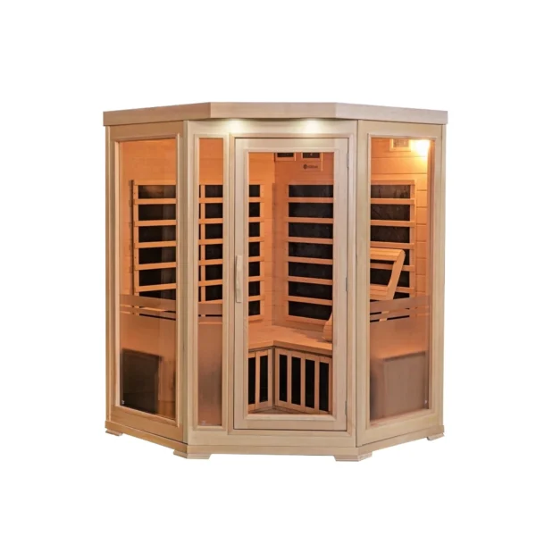 A Sonoma 3-Person Hemlock Infrared Corner Sauna with 7 Carbon Heaters with two doors.