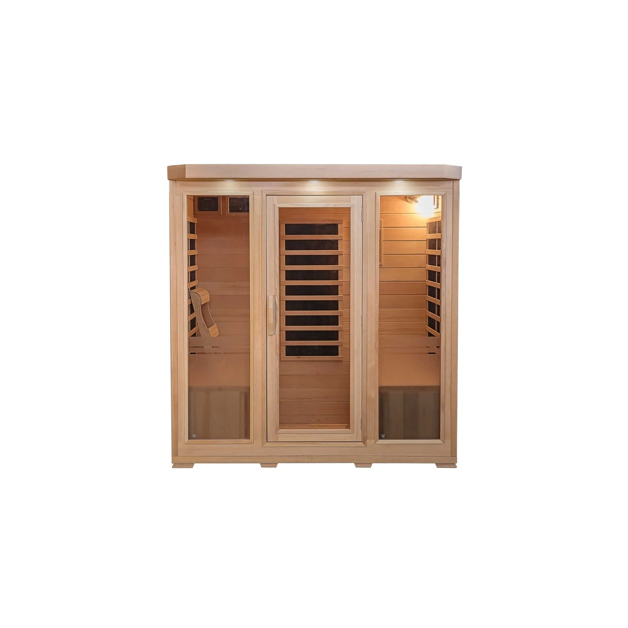 A Sonoma 4-Person Hemlock Infrared Sauna with 9 Carbon Heaters with two doors.