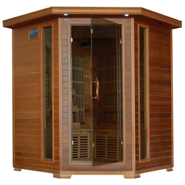 A Whistler 4-Person Cedar Corner Infrared Sauna w/ 10 Carbon Heaters with glass doors.