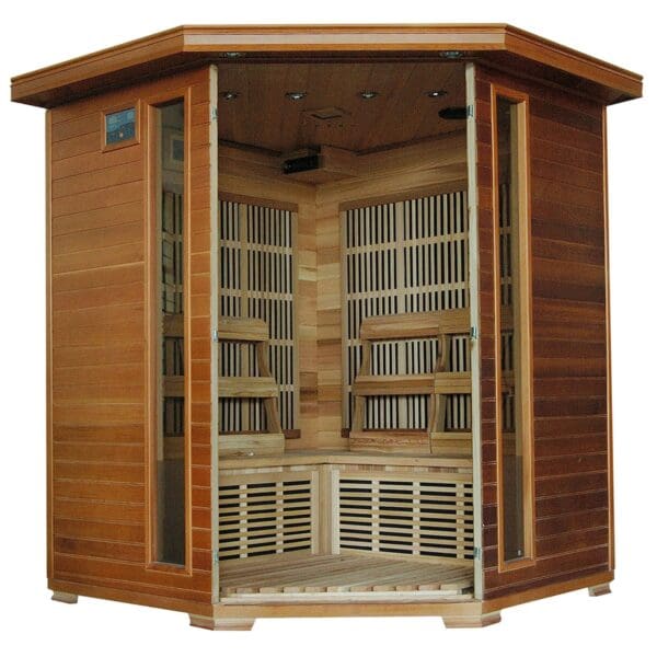 The Whistler 4-Person Cedar Corner Infrared Sauna w/ 10 Carbon Heaters with a wooden door is designed to provide therapeutic benefits through the use of infrared heat.