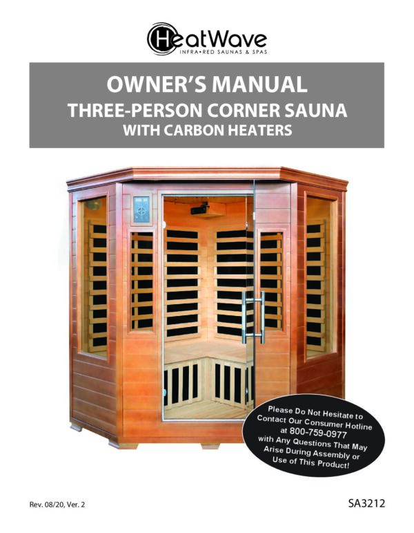 Owner's manual 3-Person Hemlock Corner Infrared Sauna w/ 7 Carbon Heaters.