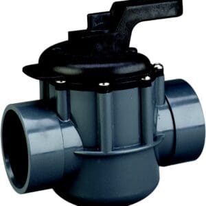 A Pentair 263029 Grey/Black Diverter Valve 2-Way 2-Inch (2-1/2-Inch Slip Outside), PVC, Grey/Black ball valve on a white background.