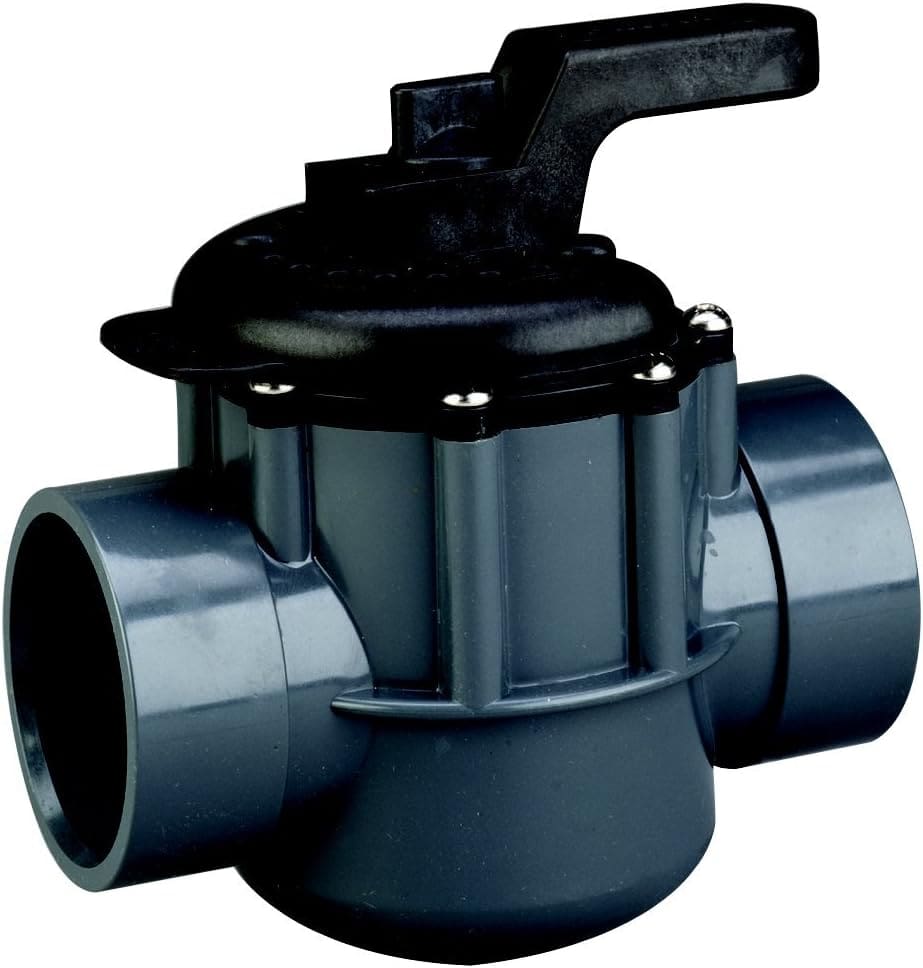 A Pentair 263029 Grey/Black Diverter Valve 2-Way 2-Inch (2-1/2-Inch Slip Outside), PVC, Grey/Black ball valve on a white background.