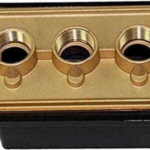 A Pentair 78310600 Junction Box with Cover, 3/4 inch Ports with three brass pipes in it.