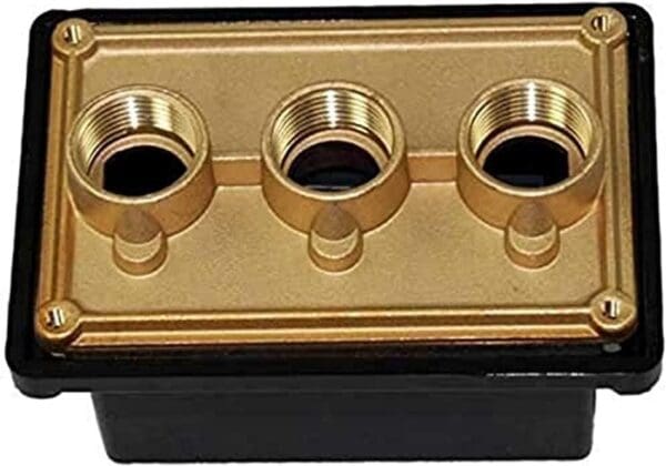 A Pentair 78310600 Junction Box with Cover, 3/4 inch Ports with three brass pipes in it.