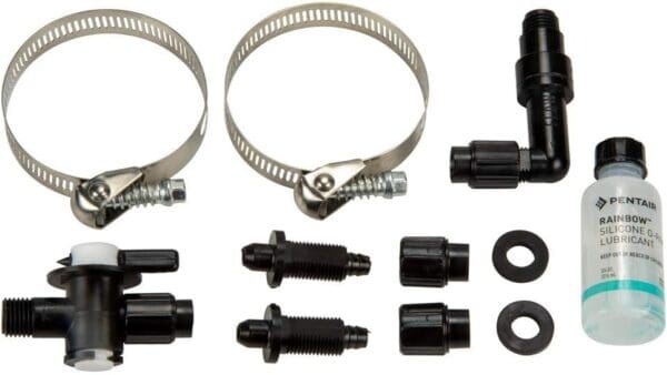 A set of Pentair R172064 Parts Kit for Automatic Feeder, valves, and hoses.