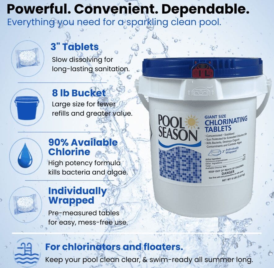 White bucket of Pool Season chlorine tablets