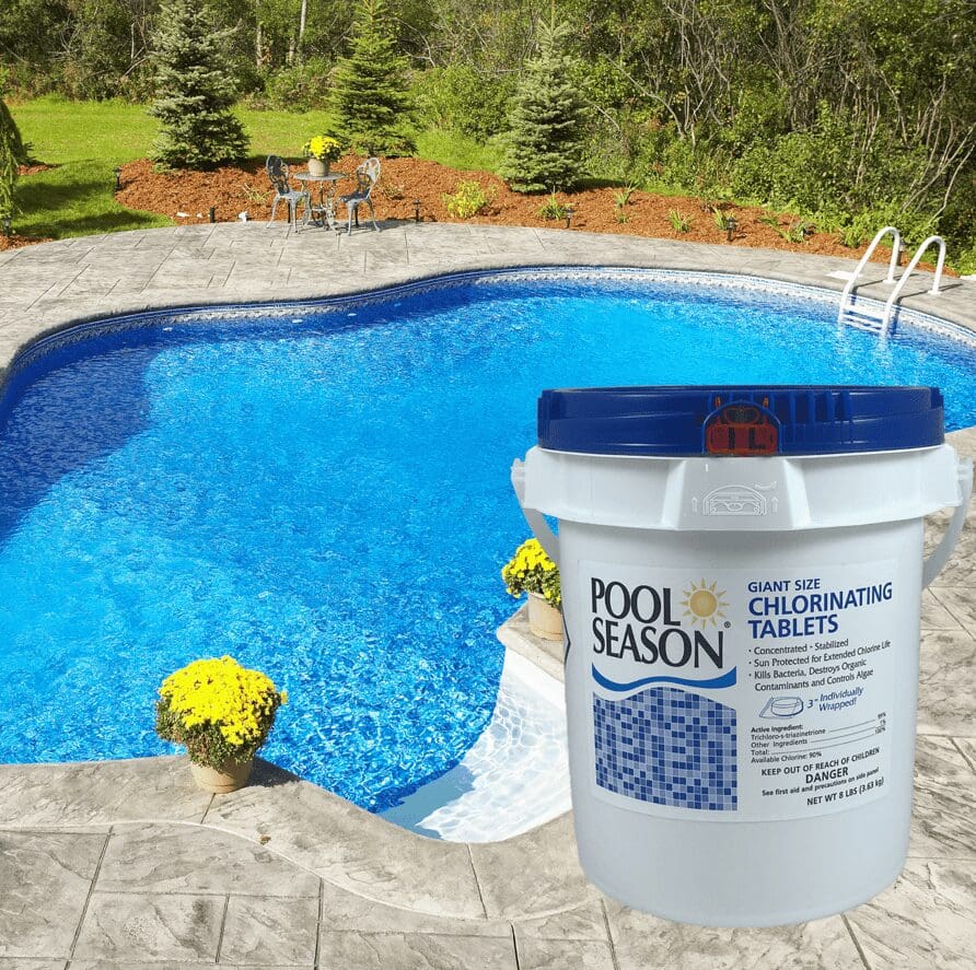 Backyard pool with large chlorine tablet container