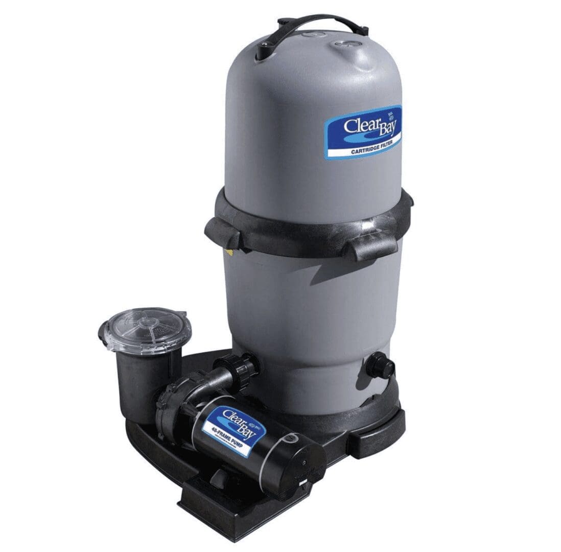 Pool filter system with pump attached.