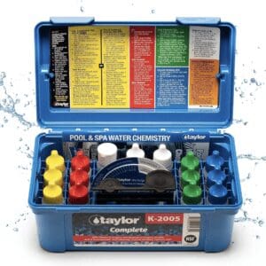 Pool and spa water test kit open.