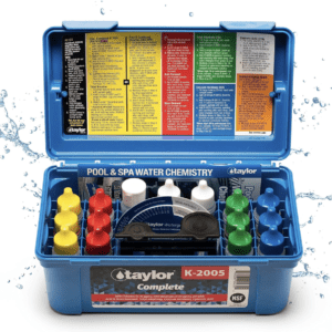 Pool and spa water test kit open.