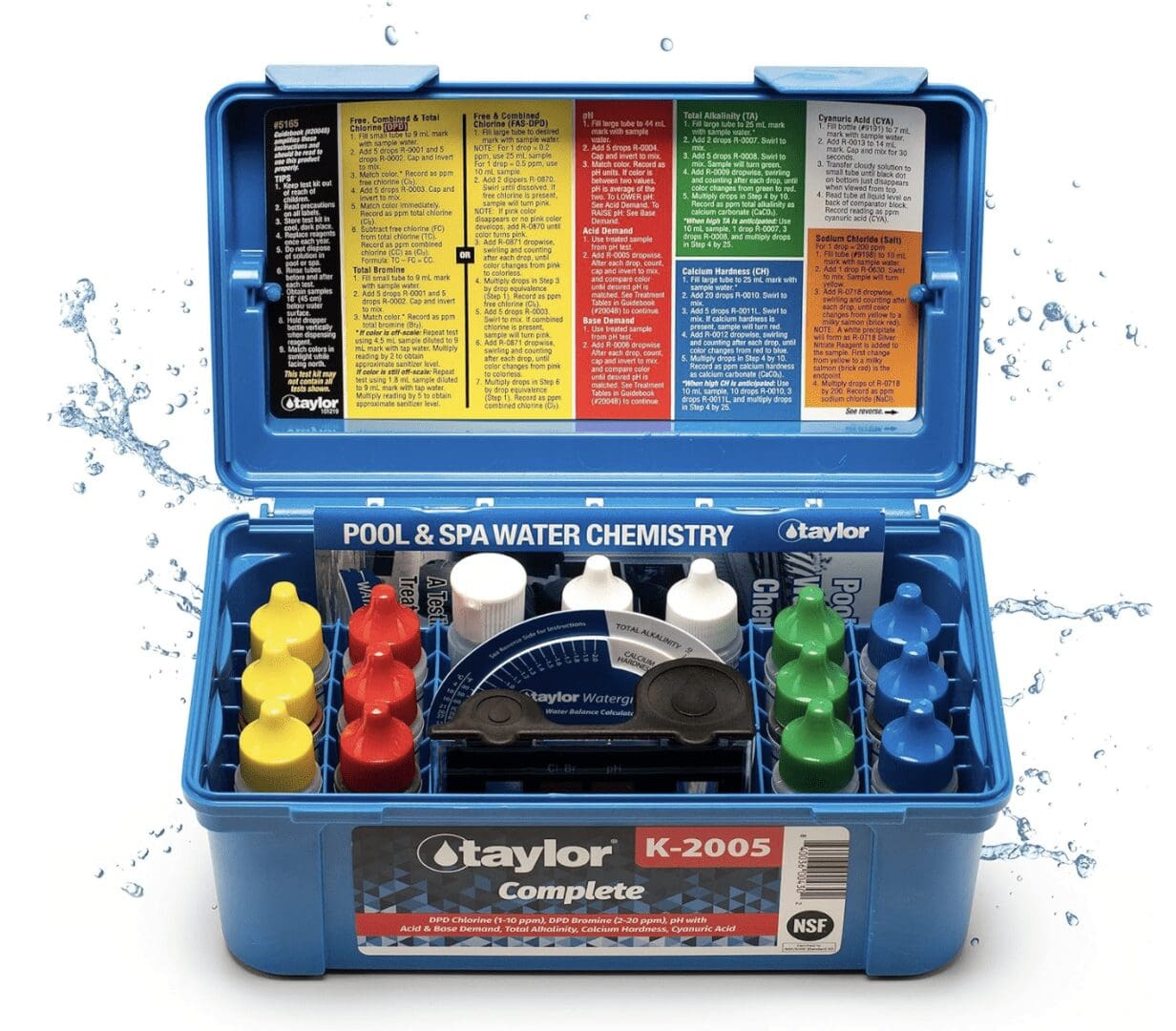 Pool and spa water test kit open.