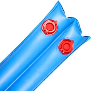 Blue inflatable mattress with red valves.