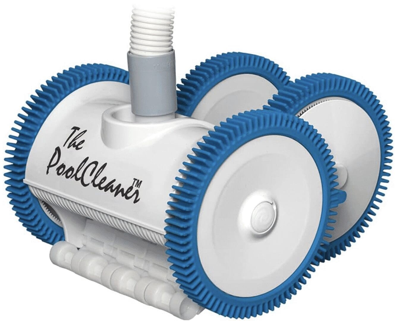 Pool cleaner with blue wheels, white body.